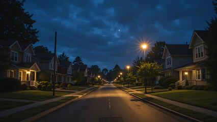 Night neighborhood street lights houses residential homes dark evening dusk twilight scene view road 100