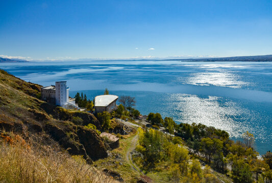 scenic view of autumn Lake Sevan from Sevanavank monastery (Gegharkunik Province, Armenia)