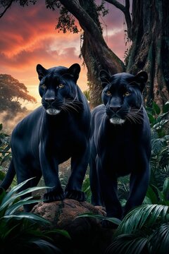 Two majestic black panthers standing confidently on a rock in a vibrant jungle

