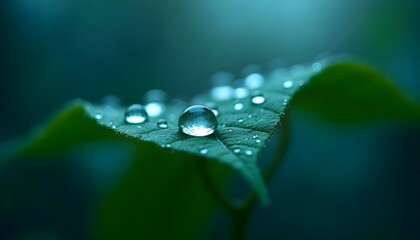 Close-up of fresh water droplets on green leaf surface