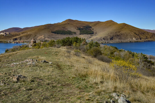 Sevanavank Monastery on Sevan Peninsula and Sonasar Peak scenic view (Gegharkunik Province, Armenia)