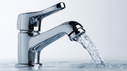 A 4K photo of flowing Water from a Chrome Faucet on white background.