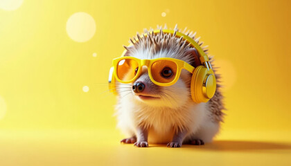 Fototapeta premium Funny hedgehog wearing glasses and headphones on yellow background. Concept of music and animals.