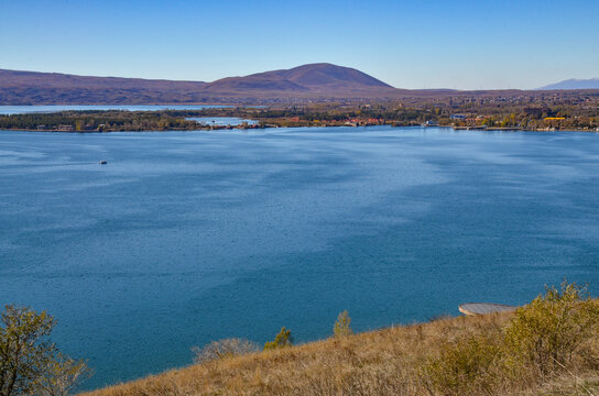 north-western coast of Lake Sevan and Lchasar mountain scenic view from Sevan peninsula (Gegharkunik Province, Armenia)