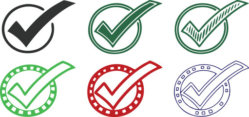 Set of Green and Black Checkmarks in Flat Vector Digital Design