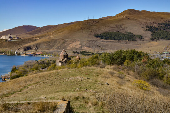 Sevanavank Monastery on Sevan Peninsula and Sonasar Peak scenic view (Gegharkunik Province, Armenia)