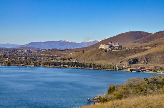 north-western coast of Lake Sevan and Tsaghkunyants mountains scenic view from Sevanavank monastery (Gegharkunik Province, Armenia)