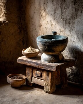 Herbal grinding stone with rustic powder bowl high resolution picture