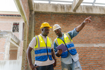 An African male engineer is overseeing the construction of a building with construction workers who are checking and planning the work on his tablet.