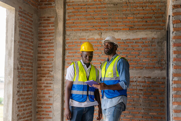 An African male engineer is overseeing the construction of a building with construction workers who are checking and planning the work on his tablet.