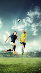 Hand made collage. Two athletes rush toward center field, launching into fierce sprint to control...
