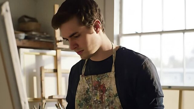 A Young Artists Contemplation: A thoughtful painter gazes intently at his artwork on the canvas, lost in creative thought within the bright, inspiring atmosphere of his studio workspace.