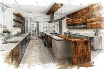 Luxury rustic and modern Kitchen sketch drawing design. Generative Ai