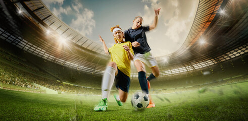 Hand made collage. Two female football players clash mid-action battling for ball, tension rising...