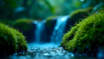 Tranquil Waterfall Flowing Through Mossy Forest, Nature and Relaxation Concept