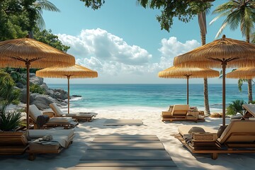 Tranquil beachfront sofa and wood table high resolution picture