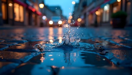 Water Splash in Urban Street Puddle at Night, Rainy City Mood with Reflections