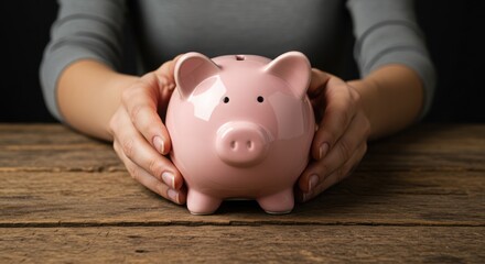 Hands protect a pink piggy bank on a wooden surface.