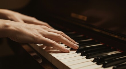 Hands playing piano keys in dim lighting creating a musical atmosphere.