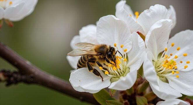 Bee collecting nectar white cherry blossoms spring pollination nature wildlife. Insect yellow black stripes wings flower petals stamens garden orchard concept - Powered by Adobe
