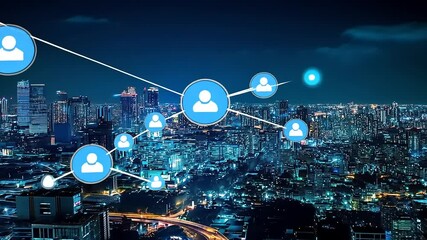Nighttime cityscape showcasing a digital network connecting people with glowing icons over urban skyline - Powered by Adobe