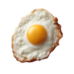 A freshly cooked fried egg with a bright yellow yolk and crisp edges, placed on a white isolated background.