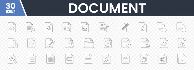 Document Icon Set in Minimalist Black Line Art Featuring Various File Types, Actions, and Symbols Including Code, Graphs, Locks, Clocks, Shields