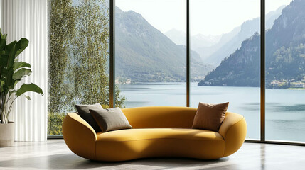 A curved mustard color sofa in front of a bright window with lake and mountain views