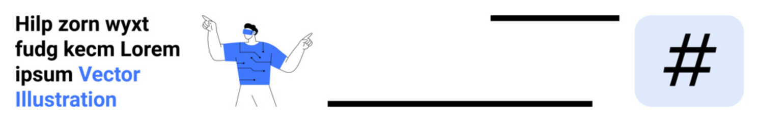 Individual gesturing confidently with pointing fingers while metadata tag symbol and text provide emphasis. Ideal for branding, communication, marketing, social media, content, digital design, simple