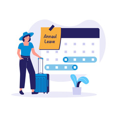 Annual Leave Illustration of Woman Traveler with Calendar and Suitcase. Illustrations for websites, landing pages, mobile apps, posters and banners
