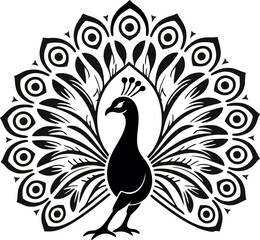 Elegant Peacock with black Feathers silhouetted in Vector Line Art Style