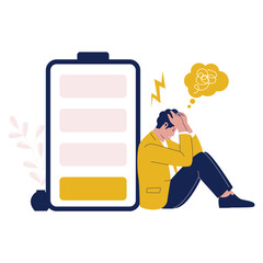Burnout Illustration of Stressed Man Sitting with Low Battery. Illustrations for websites, landing pages, mobile apps, posters and banners