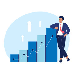 Businessman Standing Next to Growth Chart and Increasing Graph Illustration. Illustrations for websites, landing pages, mobile apps, posters and banners