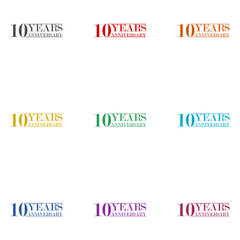 10 years anniversary icon isolated on white background. Set icons colorful