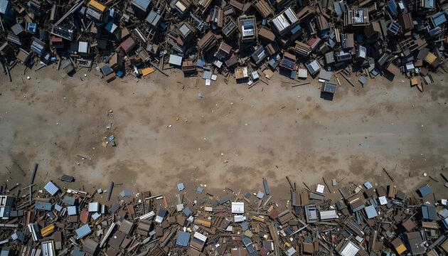 Scrap metal recycling yard filled with discarded materials and containers during daytime
