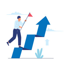Business Growth Illustration with Man Climbing Arrow Steps Holding Flag. Illustrations for websites, landing pages, mobile apps, posters and banners
