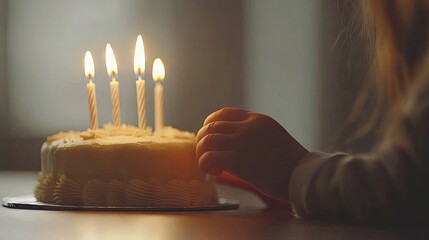 Child's hand reaching for birthday cake with lit candles.