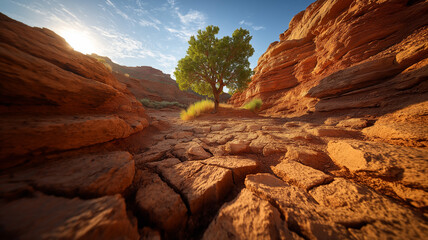 Obraz premium Single tree in arid canyon basin, dry cracked earth and red rock walls, survival story theme, overhead sun