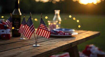 American Flags Picnic Table at Sunset with Festive Lights Outdoor