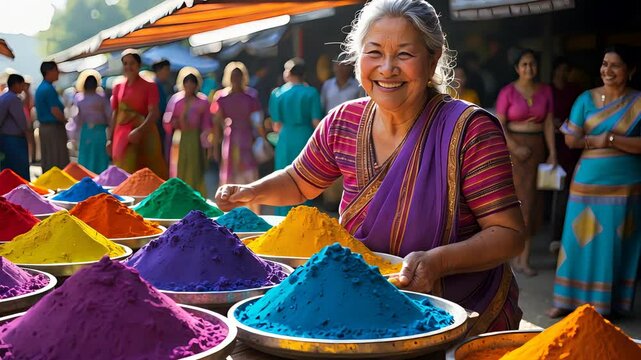 Elderly woman in colorful saree arranging vibrant powdered pigments at bustling outdoor market with people in background
