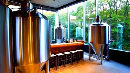Modern Brewery Interior with Stainless Steel Tanks and Bar Area - Powered by Adobe