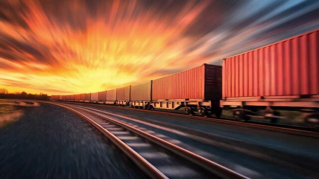 Freight Train at Sunset: A long freight train carrying colorful shipping containers speeds along railway tracks towards a dramatic sunset. The motion blur adds a sense of dynamism and scale. 