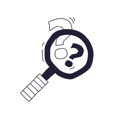 A magnifying glass with a question mark symbolizes inquiry and investigation.