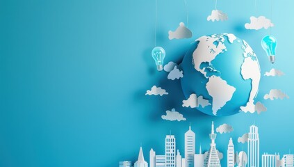 Paper Earth art buildings lightbulbs float on blue innovation for green building energy World Environment Day copy space.