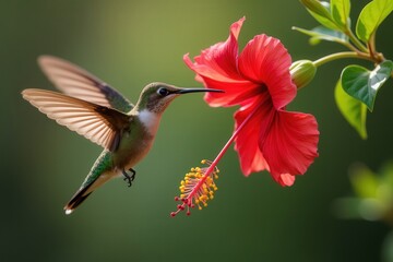 Fototapeta premium Hummingbird feeding on red hibiscus flower in nature
