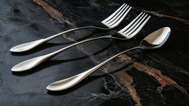 Polished silverware set displayed on a dark stone surface.