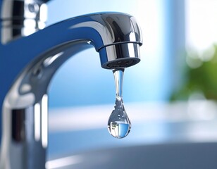 A drop of pure water dripping from the tap. Selective focus. 