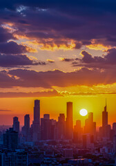 Fototapeta premium Golden Hour Cityscape Silhouette Dramatic Sunset Skyline Urban Panorama