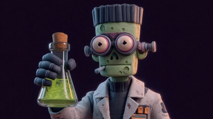 Whimsical Green Monster Scientist in Space Holding Flask