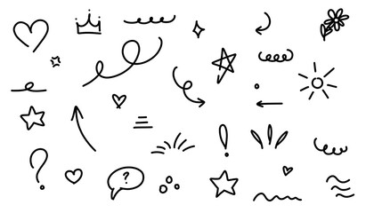 Obraz premium Doodle line set. Hand drawn line bundle heart, crown, star symbol, arrow.